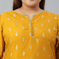 Janasya Women's Mustard Poly Silk Foil Print A-line Dress | Swadesiicart