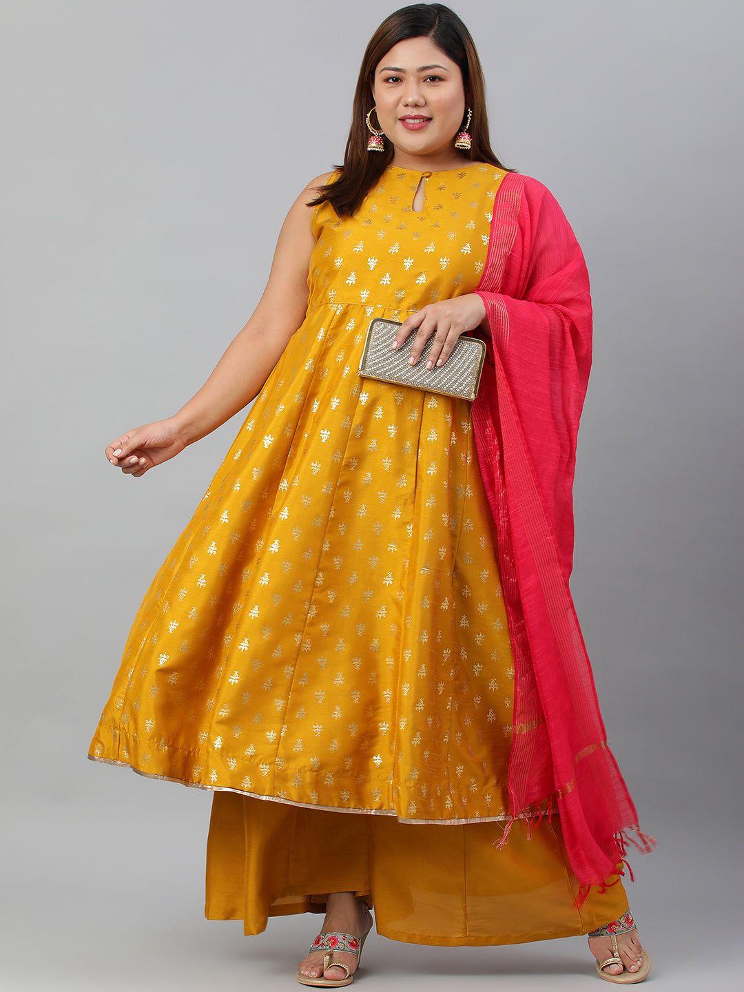 Janasya XL LOVE by Janasya Women's Plus Size Mustard Poly Silk Kurti With Palazzo and Dupatta | Swadesiicart