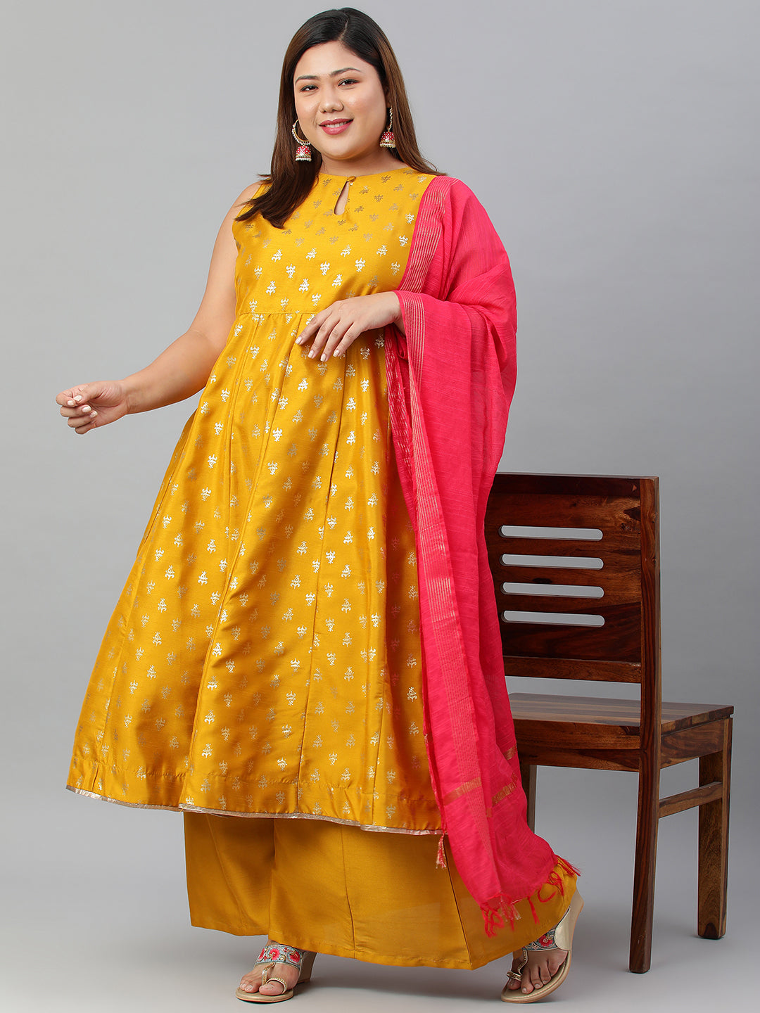 Janasya XL LOVE by Janasya Women's Plus Size Mustard Poly Silk Kurti With Palazzo and Dupatta | Swadesiicart