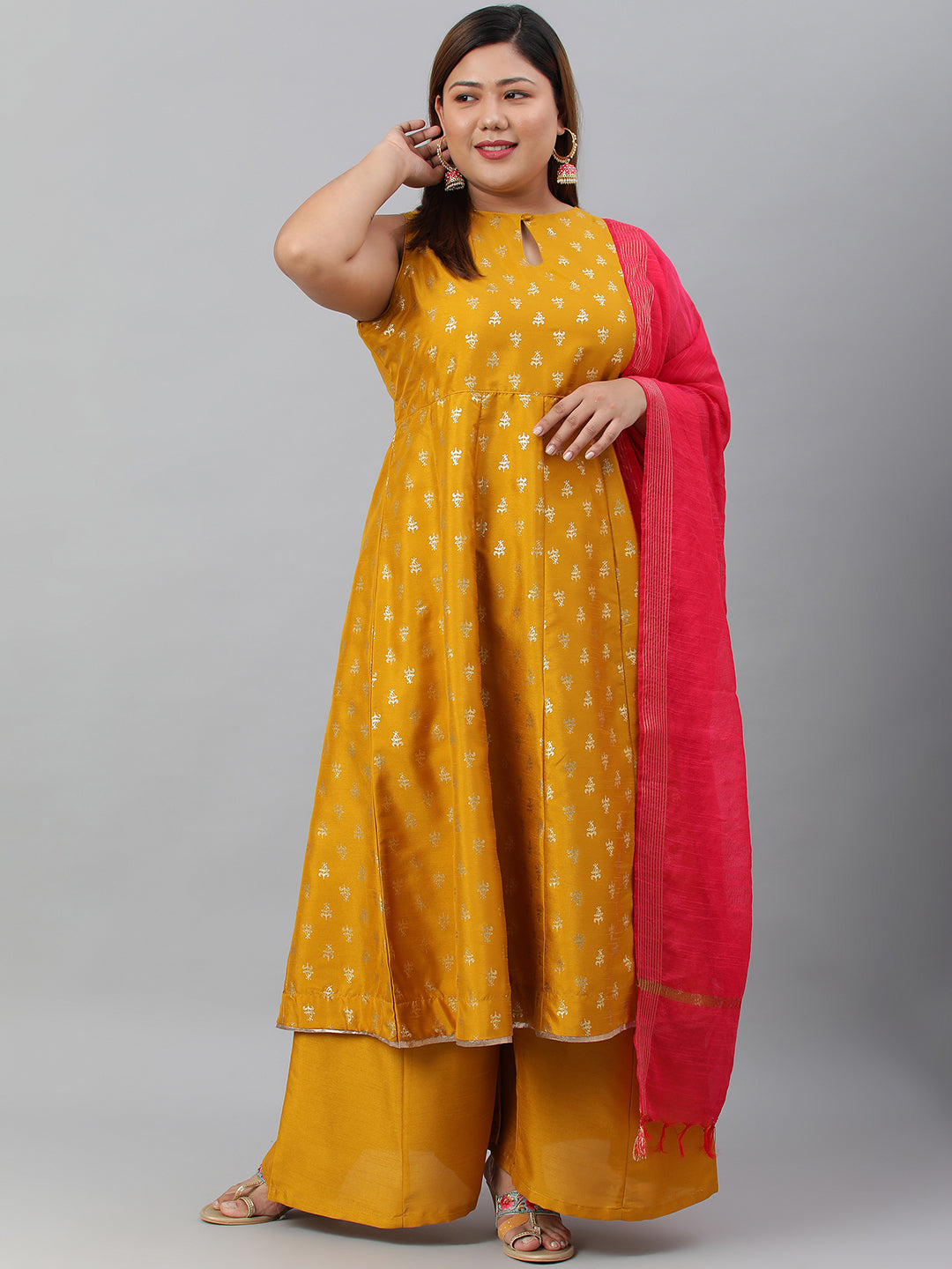Janasya XL LOVE by Janasya Women's Plus Size Mustard Poly Silk Kurti With Palazzo and Dupatta | Swadesiicart