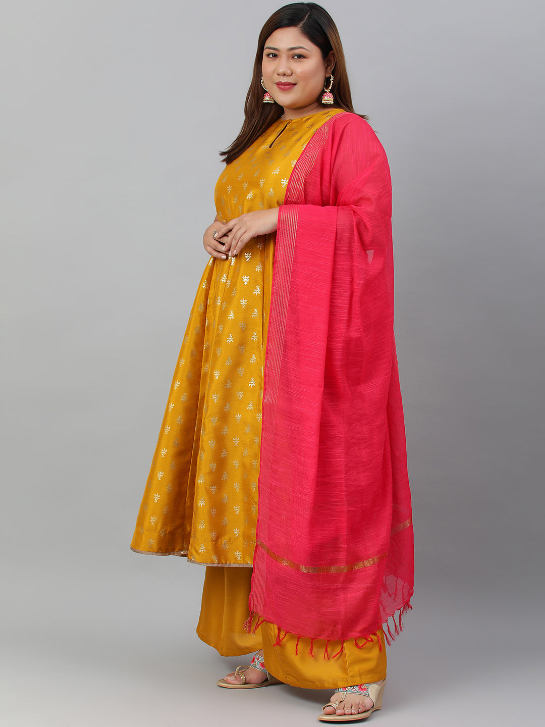 Janasya XL LOVE by Janasya Women's Plus Size Mustard Poly Silk Kurti With Palazzo and Dupatta | Swadesiicart