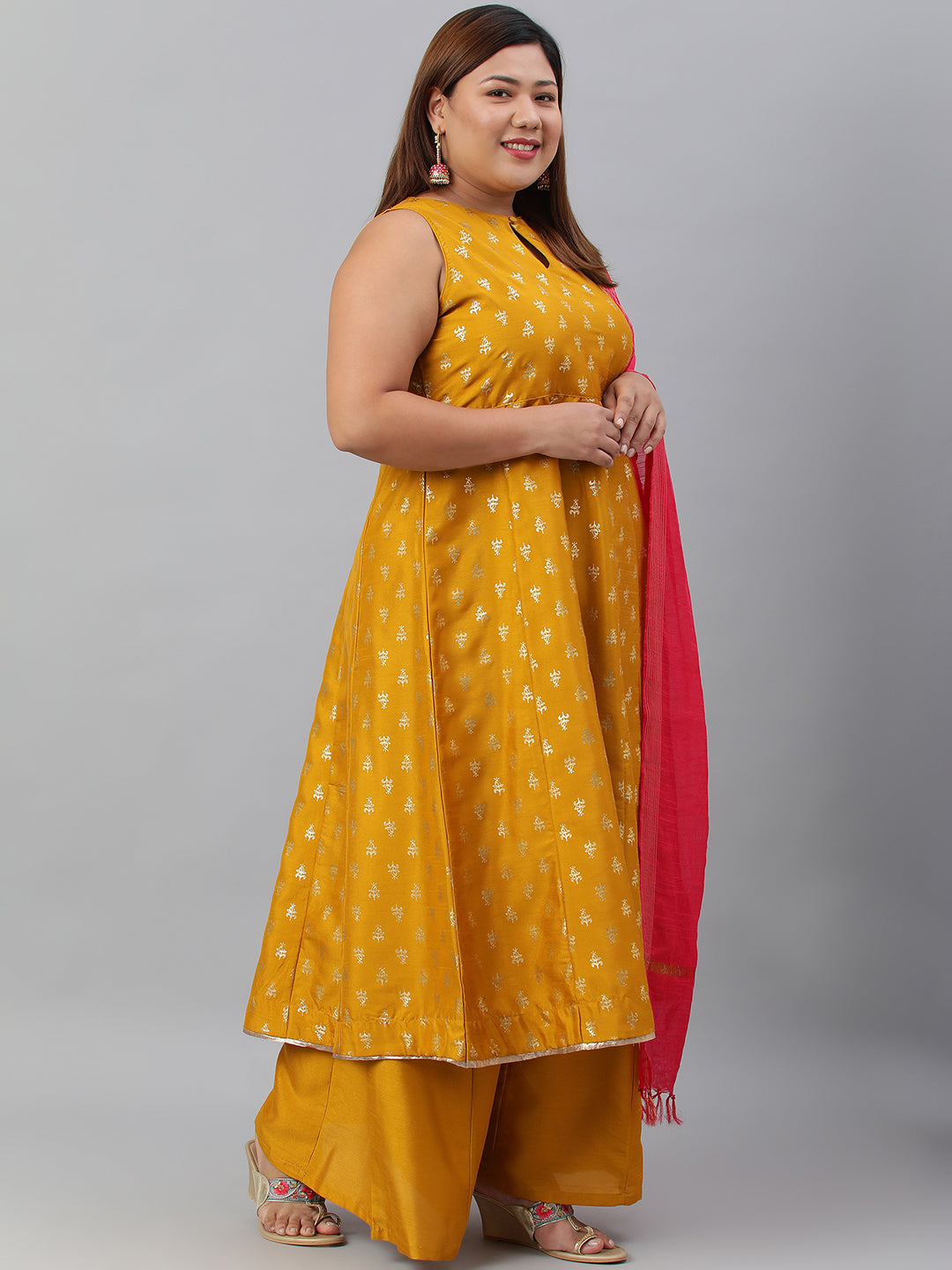 Janasya XL LOVE by Janasya Women's Plus Size Mustard Poly Silk Kurti With Palazzo and Dupatta | Swadesiicart