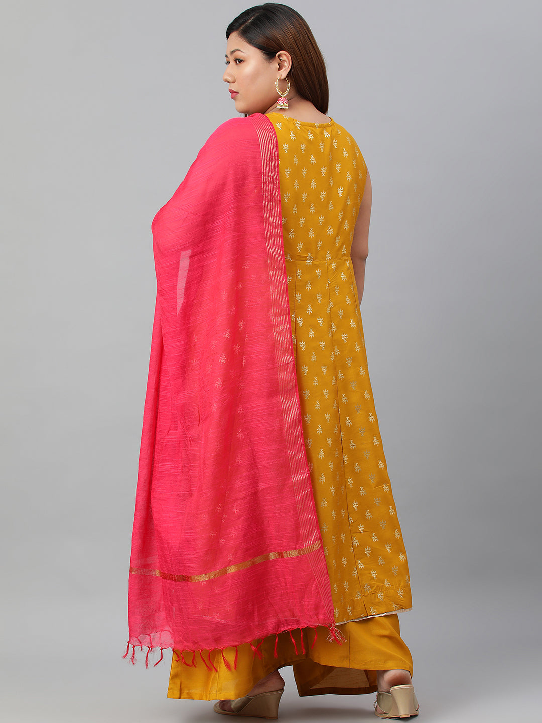 Janasya XL LOVE by Janasya Women's Plus Size Mustard Poly Silk Kurti With Palazzo and Dupatta | Swadesiicart