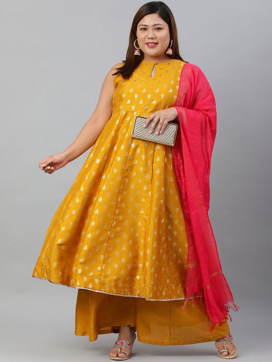Janasya XL LOVE by Janasya Women's Plus Size Mustard Poly Silk Kurti With Palazzo and Dupatta | Swadesiicart