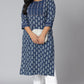 Janasya Women's Blue Cotton Block Print Casual Straight Kurta | Swadesiicart