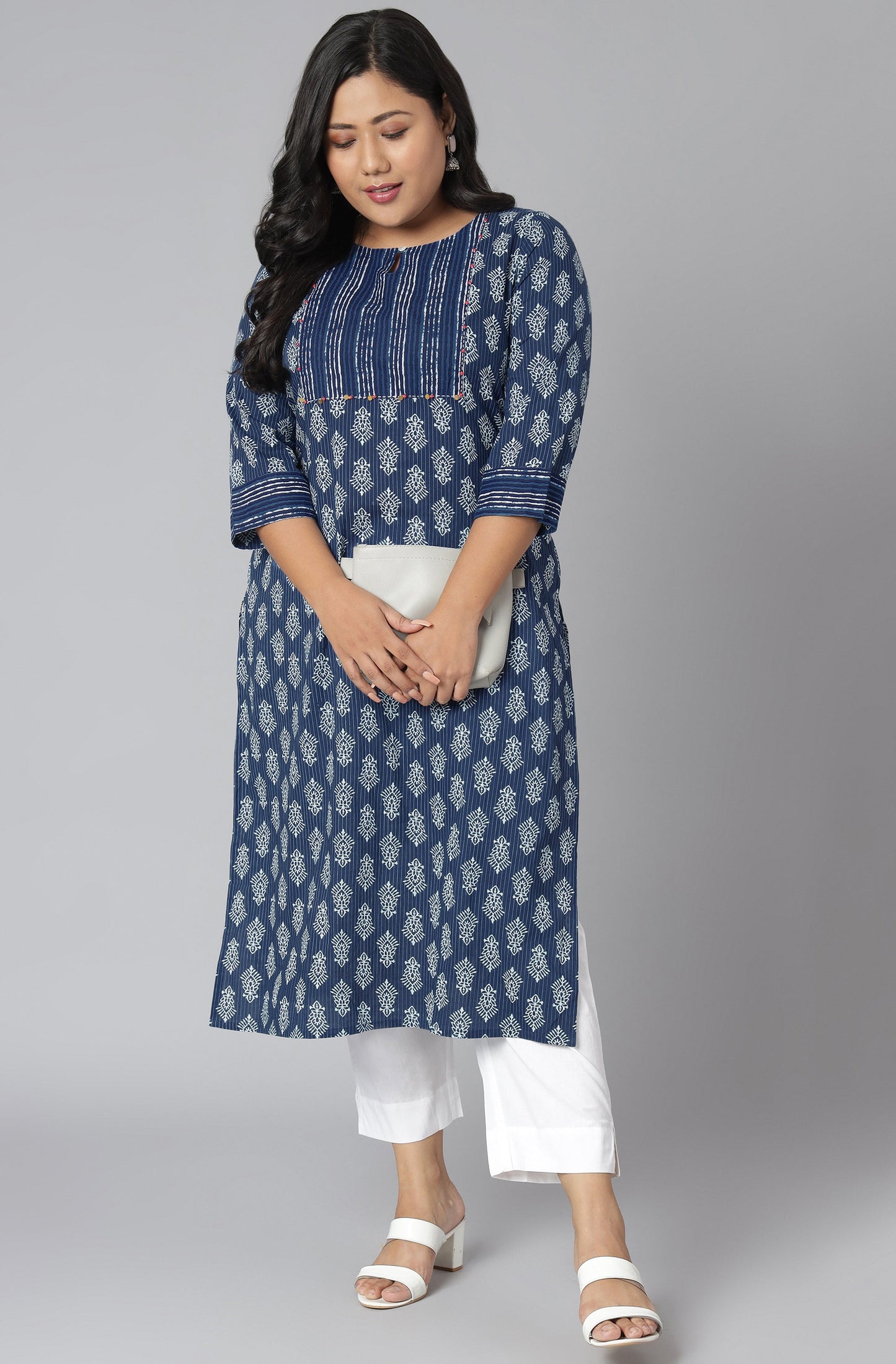 Janasya Women's Blue Cotton Block Print Casual Straight Kurta | Swadesiicart