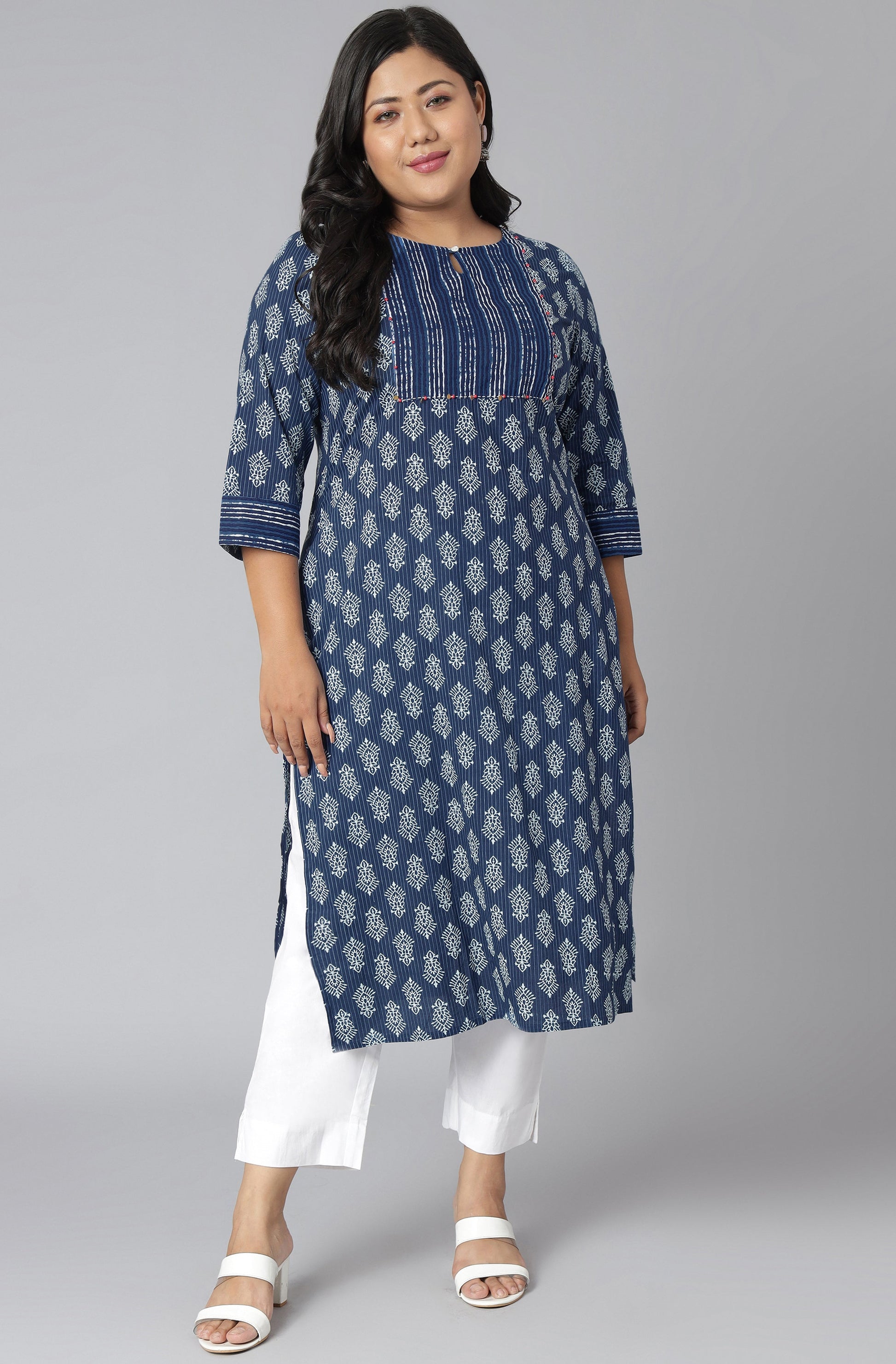 Janasya Women's Blue Cotton Block Print Casual Straight Kurta | Swadesiicart