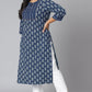 Janasya Women's Blue Cotton Block Print Casual Straight Kurta | Swadesiicart
