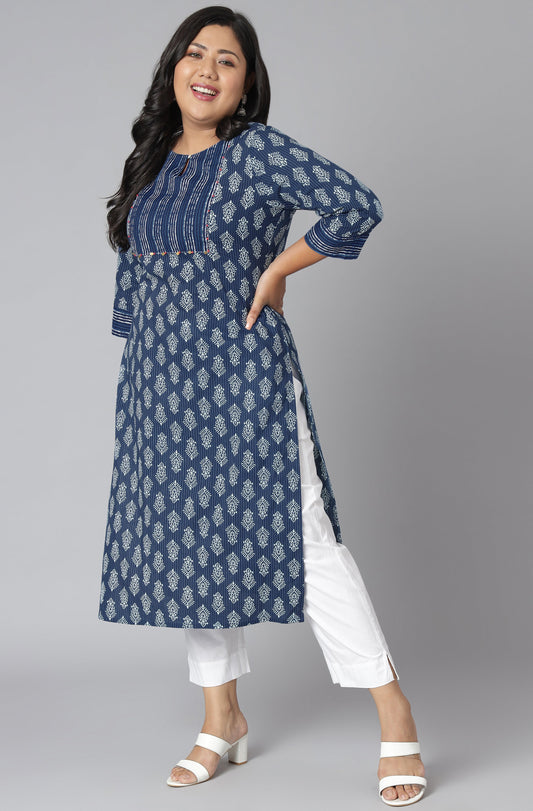 Janasya Women's Blue Cotton Block Print Casual Straight Kurta | Swadesiicart