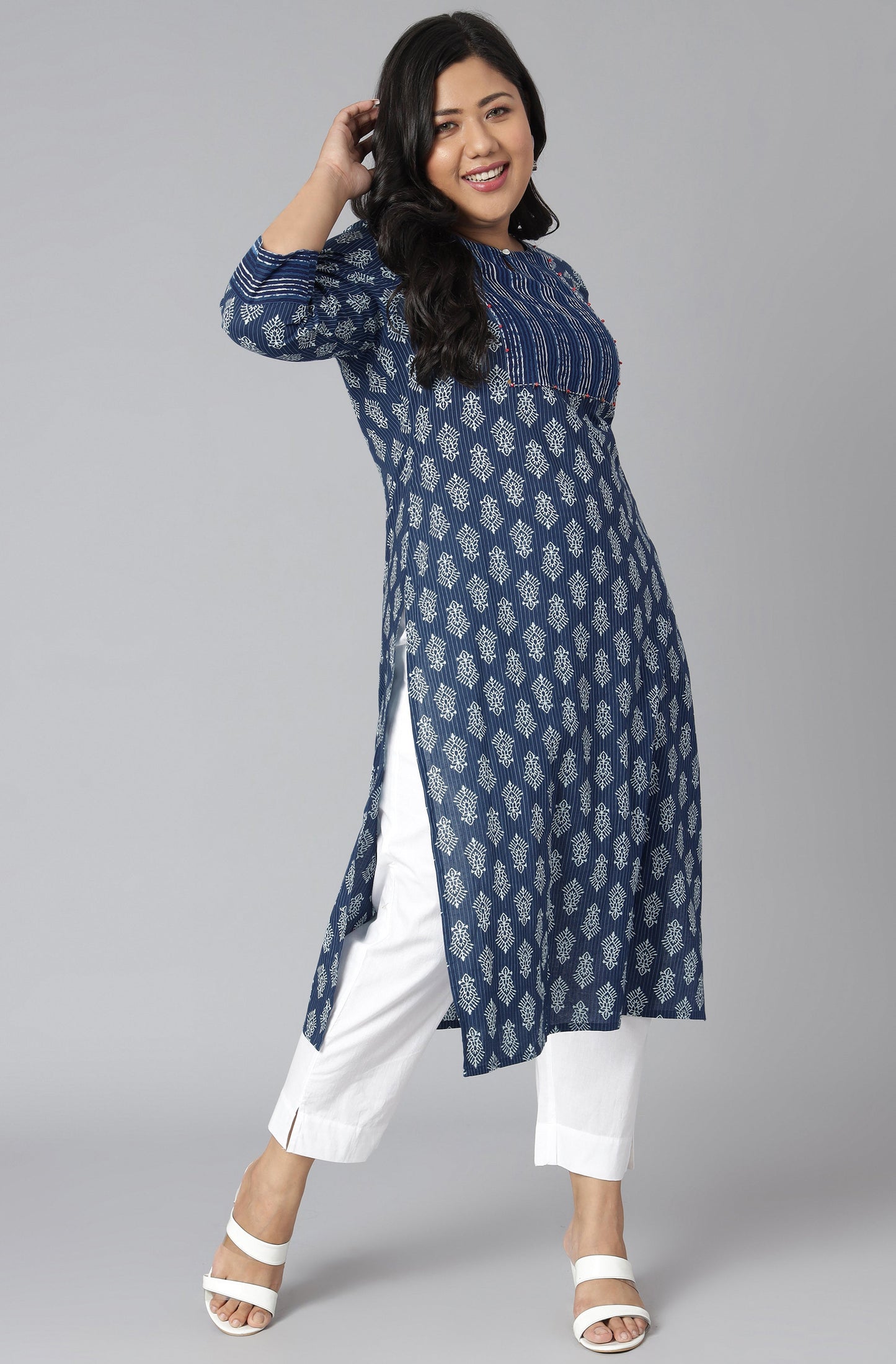 Janasya Women's Blue Cotton Block Print Casual Straight Kurta | Swadesiicart