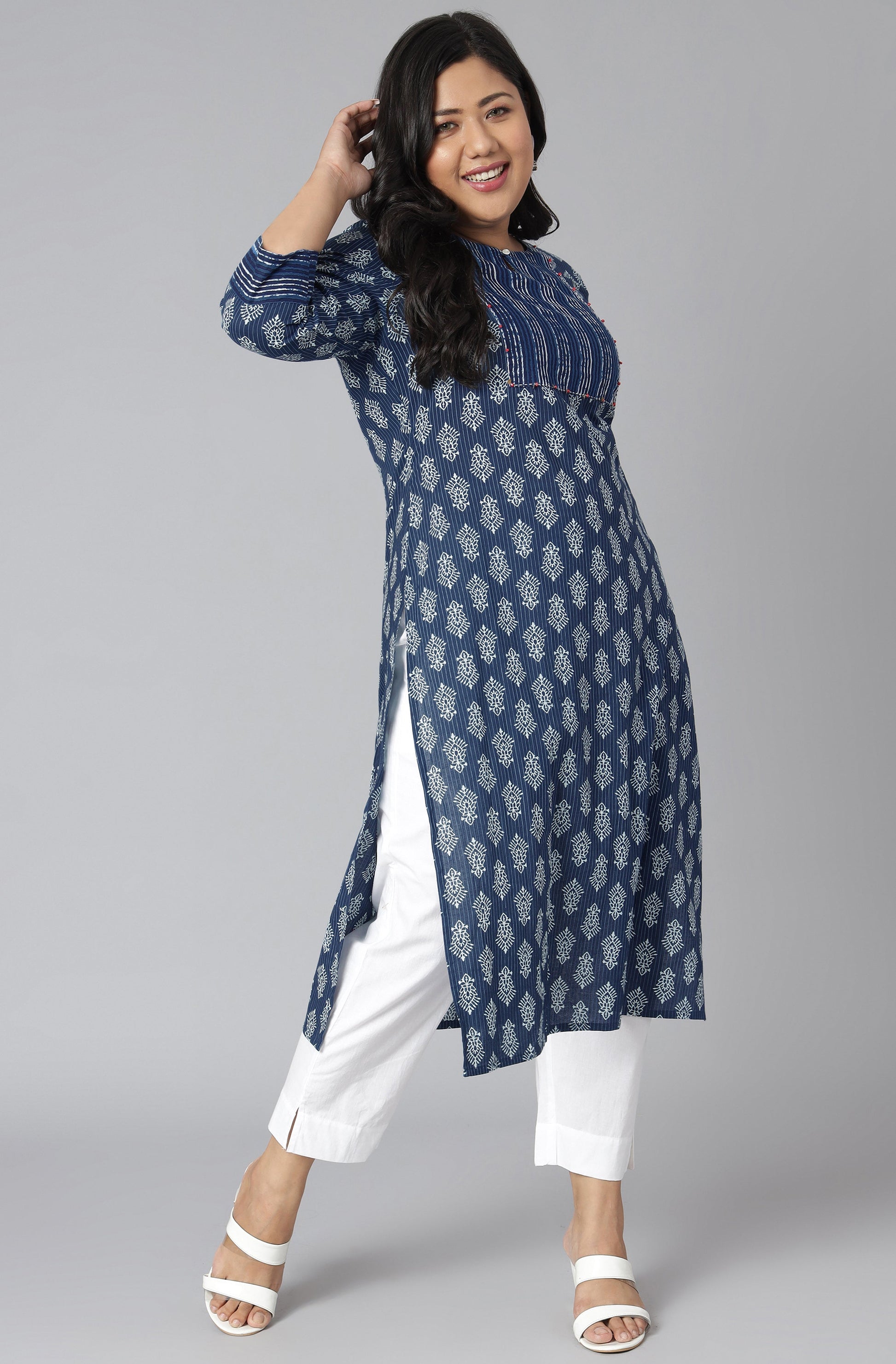 Janasya Women's Blue Cotton Block Print Casual Straight Kurta | Swadesiicart