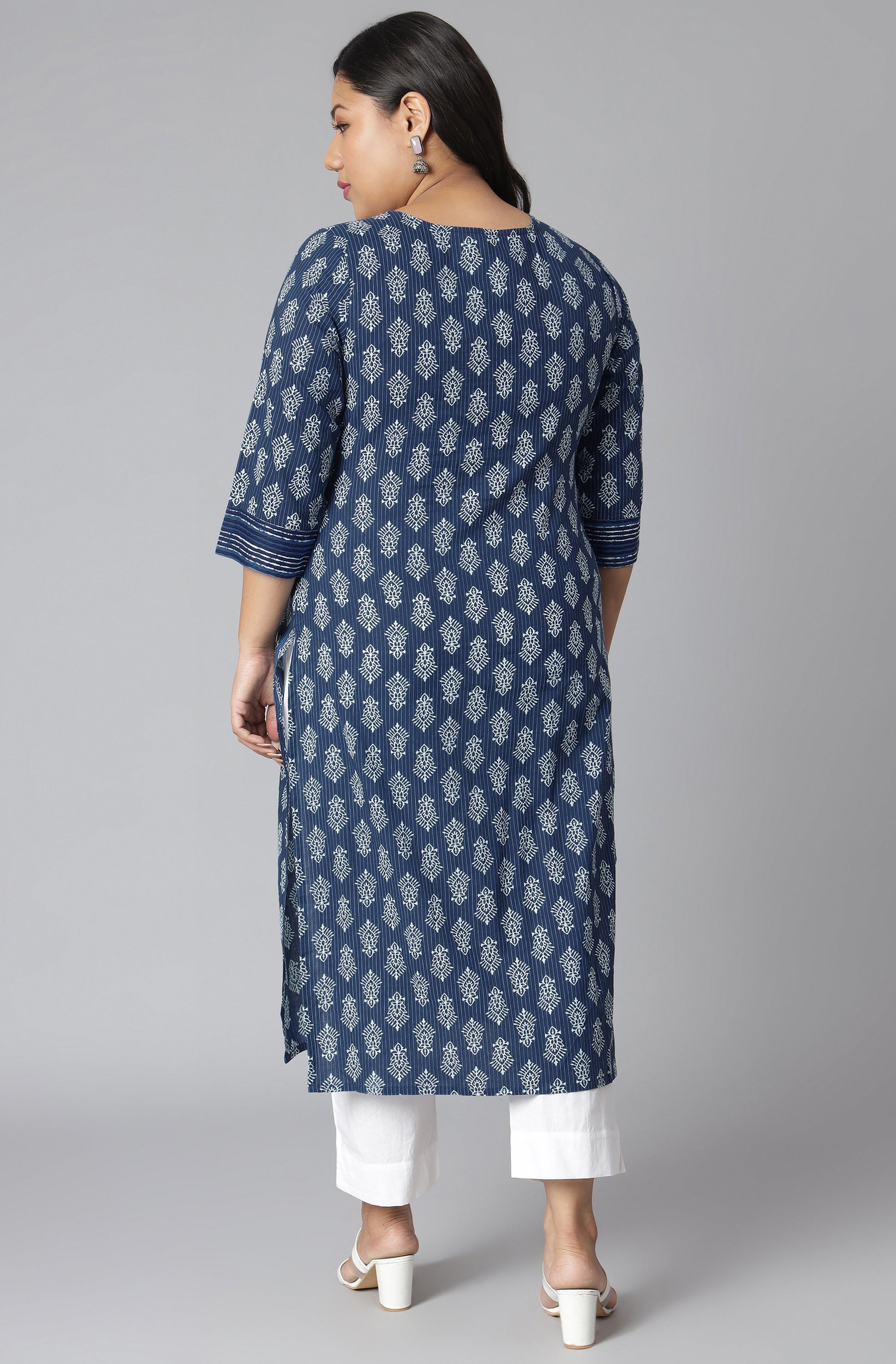 Janasya Women's Blue Cotton Block Print Casual Straight Kurta | Swadesiicart