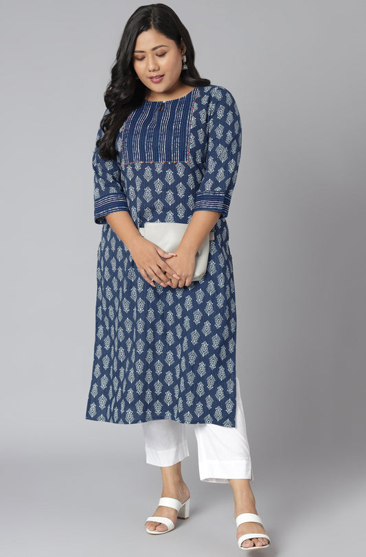 Janasya Women's Blue Cotton Block Print Casual Straight Kurta | Swadesiicart