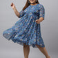 Janasya Women's Blue Poly Georgette Floral Printed Casual Flared Western Dress | Swadesiicart