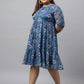 Janasya Women's Blue Poly Georgette Floral Printed Casual Flared Western Dress | Swadesiicart