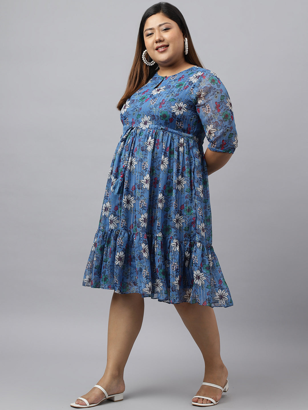 Janasya Women's Blue Poly Georgette Floral Printed Casual Flared Western Dress | Swadesiicart