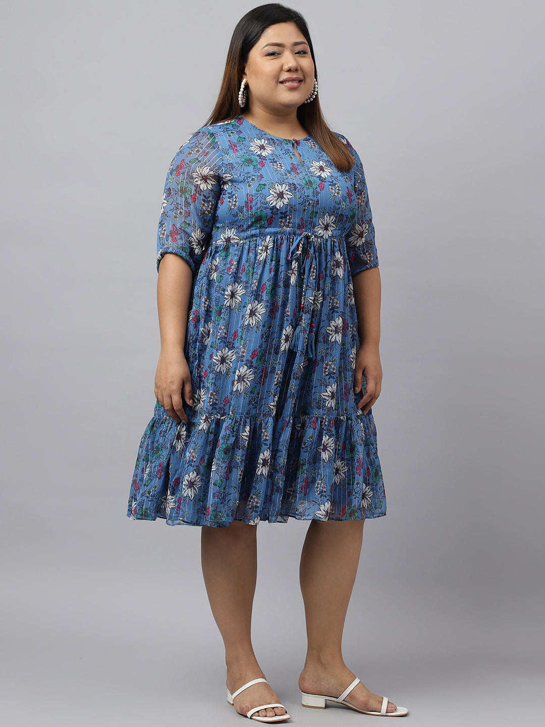 Janasya Women's Blue Poly Georgette Floral Printed Casual Flared Western Dress | Swadesiicart