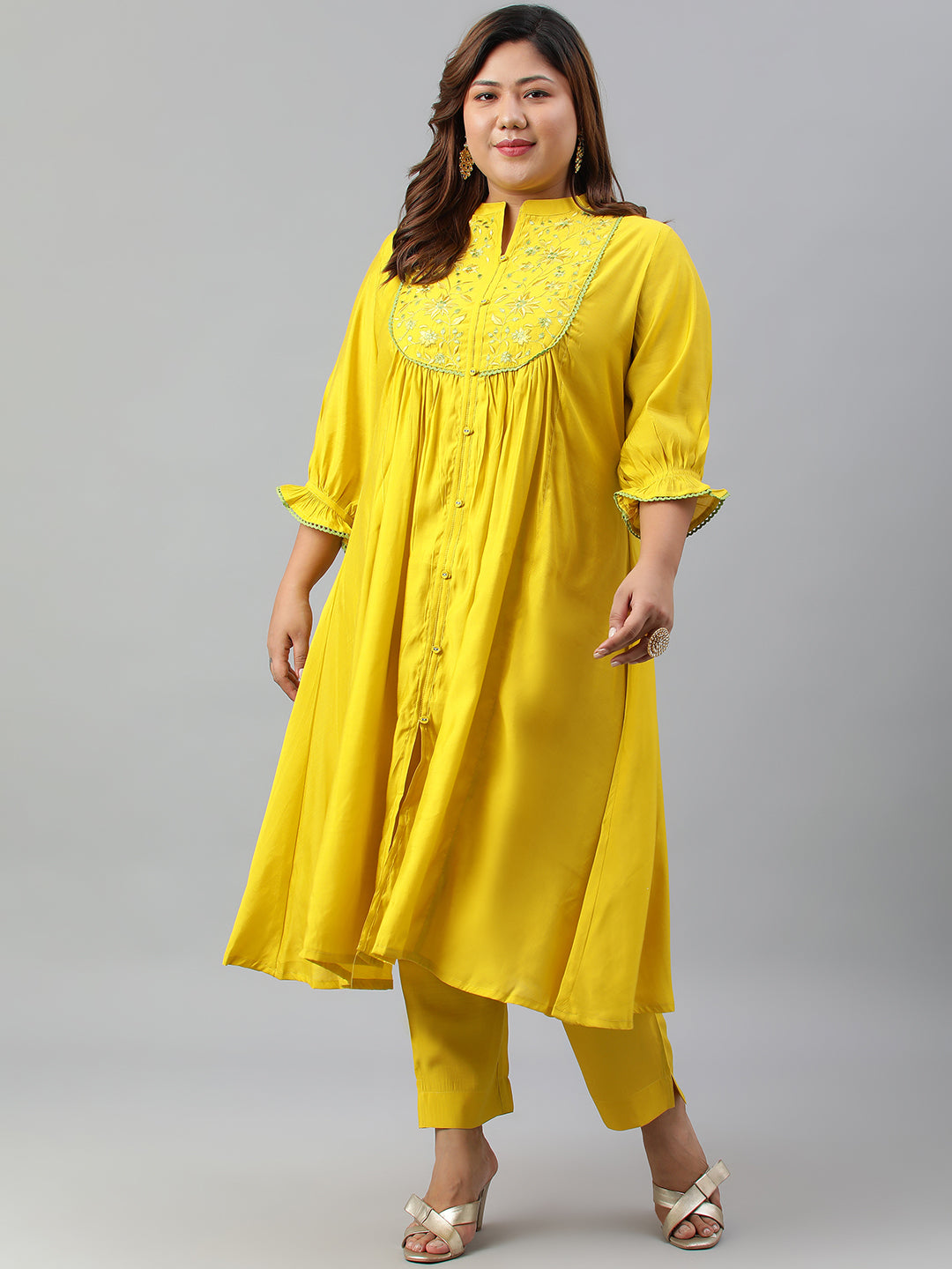 Janasya XL LOVE by Janasya Women's Plus Size Yellow Poly Silk Kurta With Pant | Swadesiicart