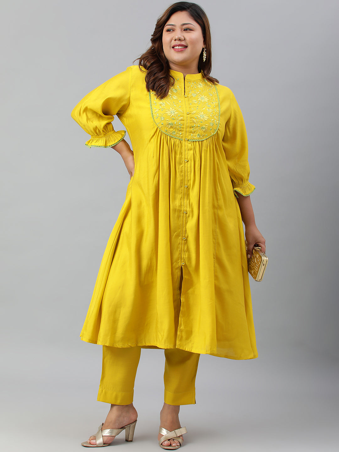 Janasya XL LOVE by Janasya Women's Plus Size Yellow Poly Silk Kurta With Pant | Swadesiicart