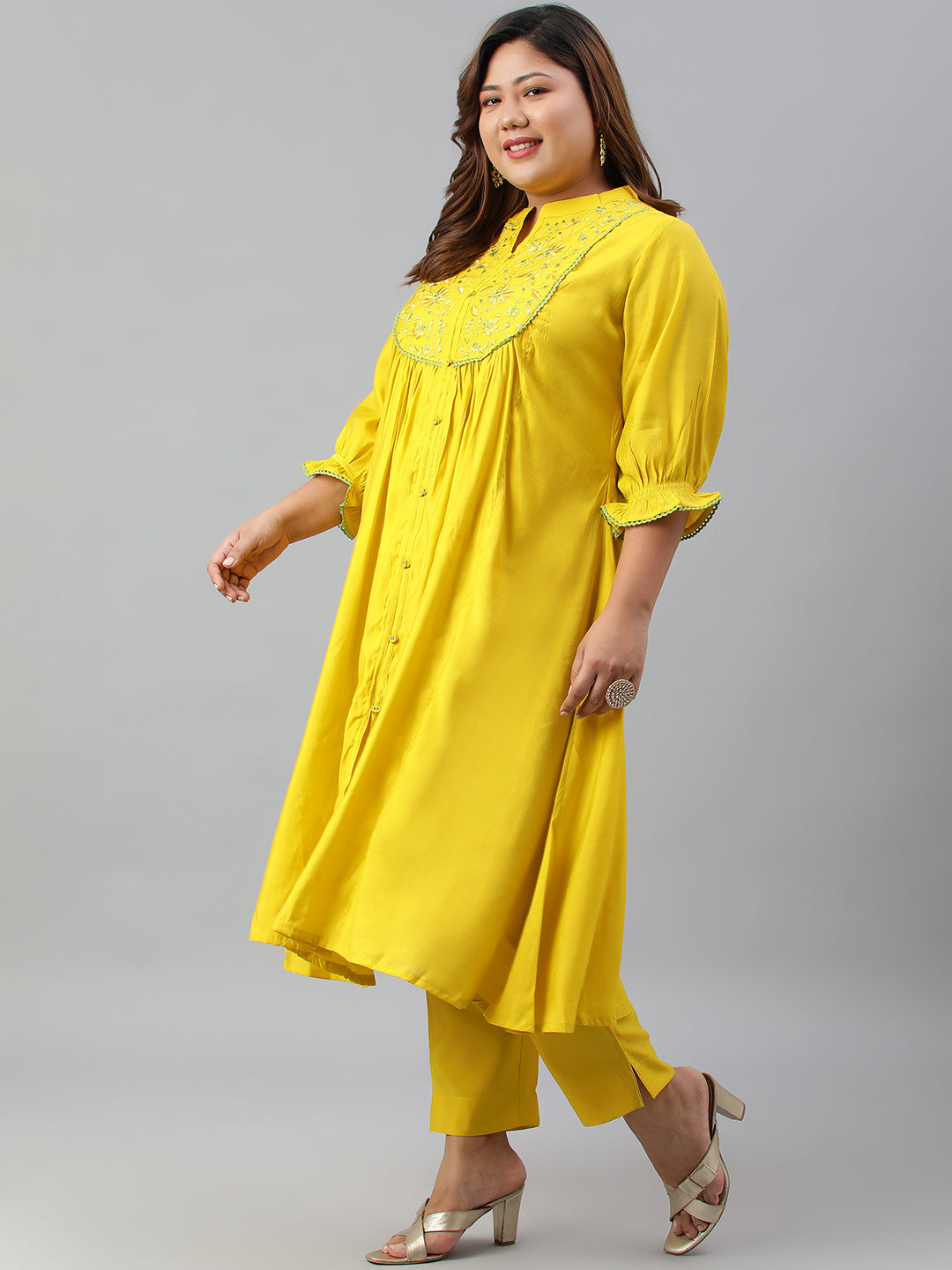 Janasya XL LOVE by Janasya Women's Plus Size Yellow Poly Silk Kurta With Pant | Swadesiicart