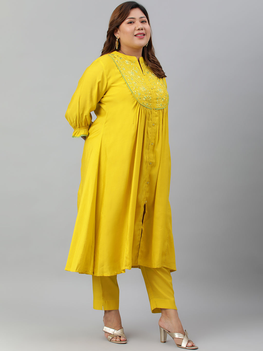 Janasya XL LOVE by Janasya Women's Plus Size Yellow Poly Silk Kurta With Pant | Swadesiicart