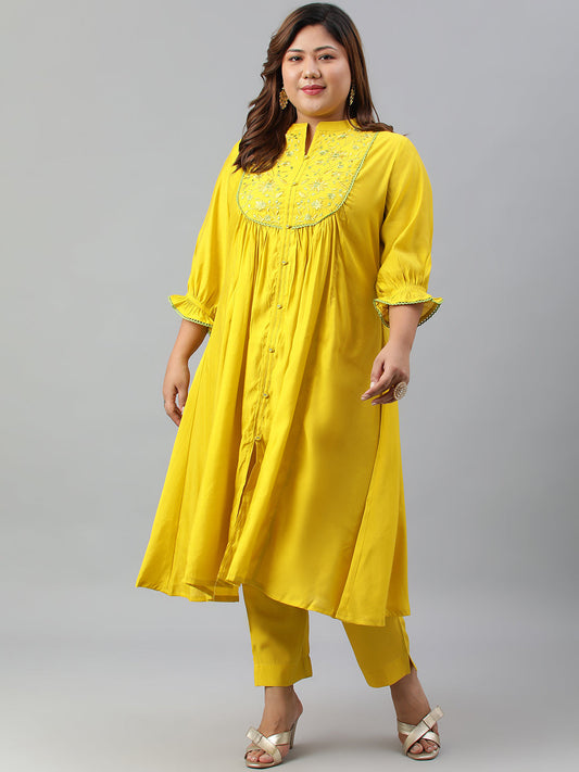 Janasya XL LOVE by Janasya Women's Plus Size Yellow Poly Silk Kurta With Pant | Swadesiicart