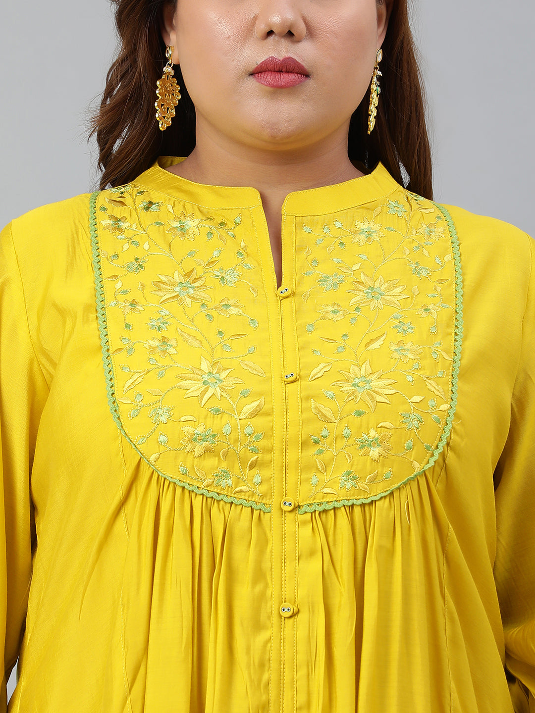 Janasya XL LOVE by Janasya Women's Plus Size Yellow Poly Silk Kurta With Pant | Swadesiicart