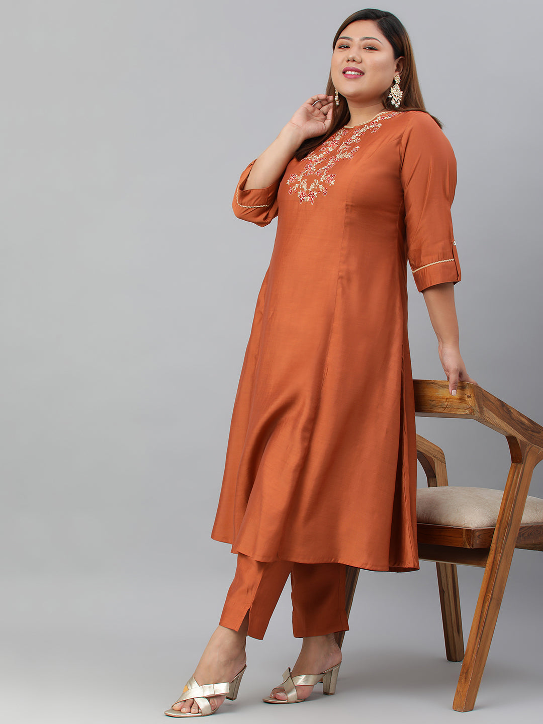 Janasya XL LOVE by Janasya Women's Plus Size Rust Orange Poly Silk Kurta With Pant | Swadesiicart