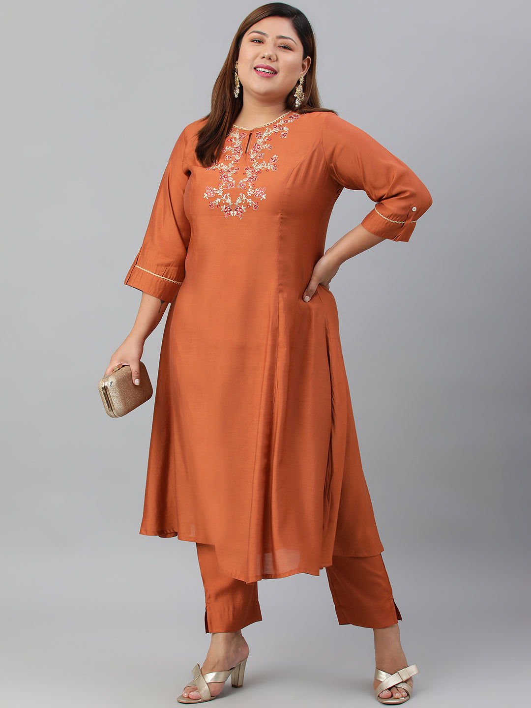 Janasya XL LOVE by Janasya Women's Plus Size Rust Orange Poly Silk Kurta With Pant | Swadesiicart