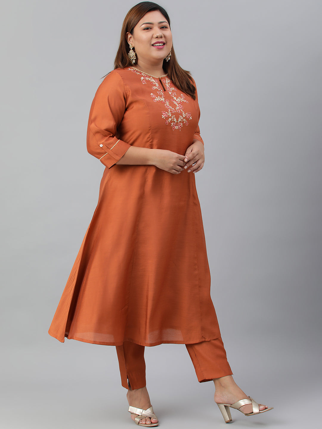 Janasya XL LOVE by Janasya Women's Plus Size Rust Orange Poly Silk Kurta With Pant | Swadesiicart
