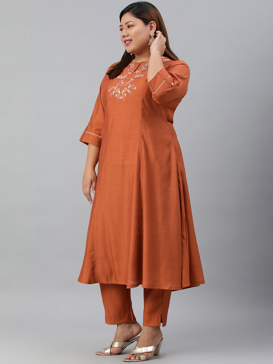Janasya XL LOVE by Janasya Women's Plus Size Rust Orange Poly Silk Kurta With Pant | Swadesiicart