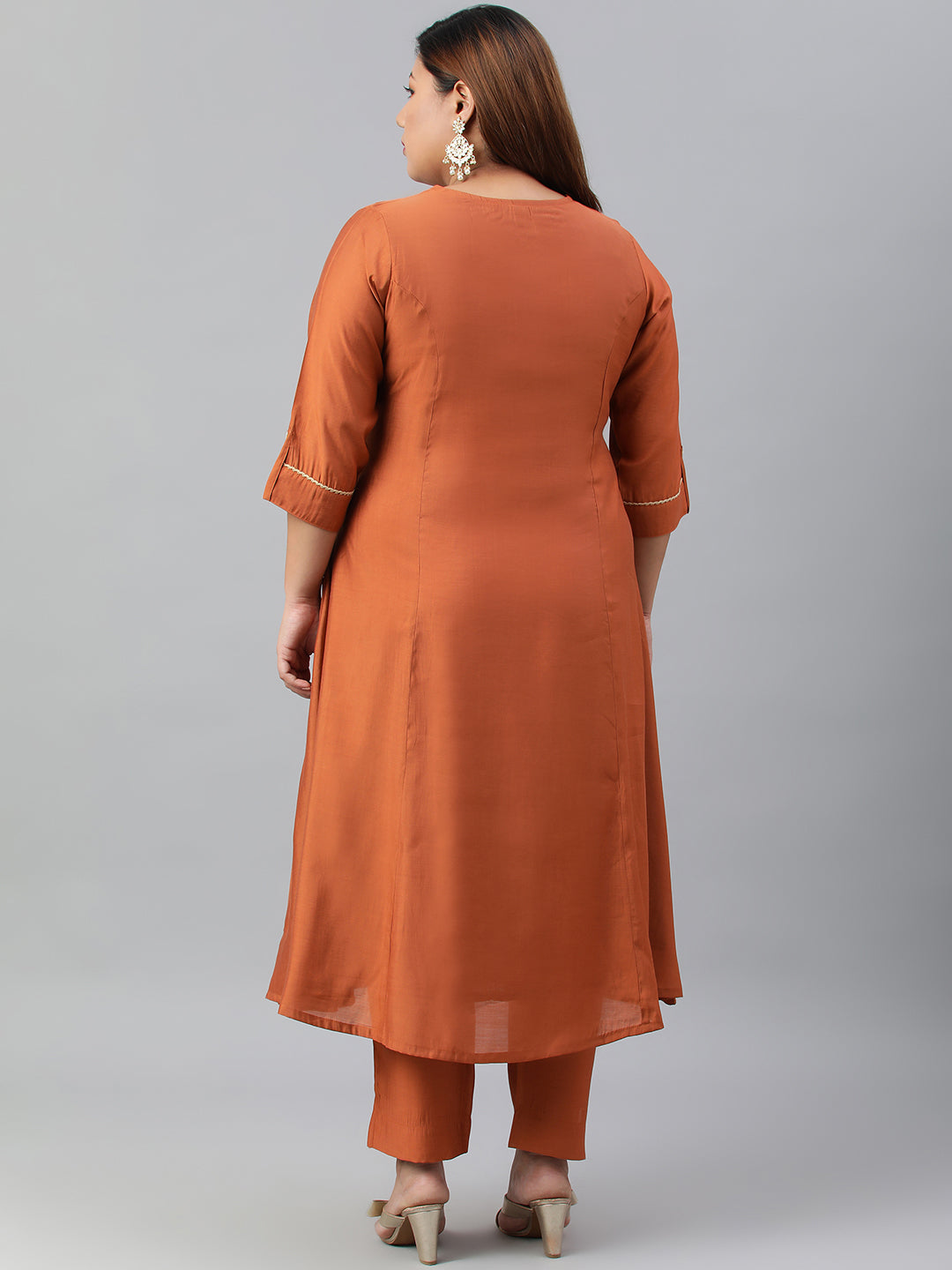 Janasya XL LOVE by Janasya Women's Plus Size Rust Orange Poly Silk Kurta With Pant | Swadesiicart