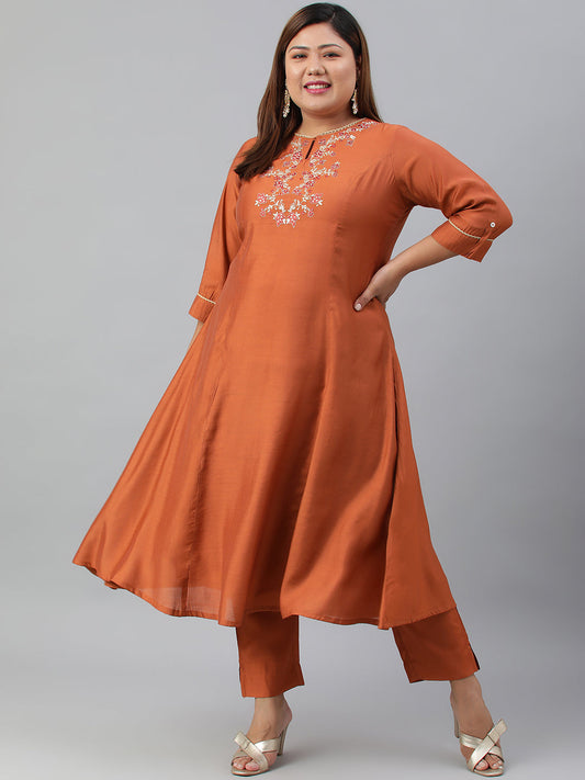 Janasya XL LOVE by Janasya Women's Plus Size Rust Orange Poly Silk Kurta With Pant | Swadesiicart