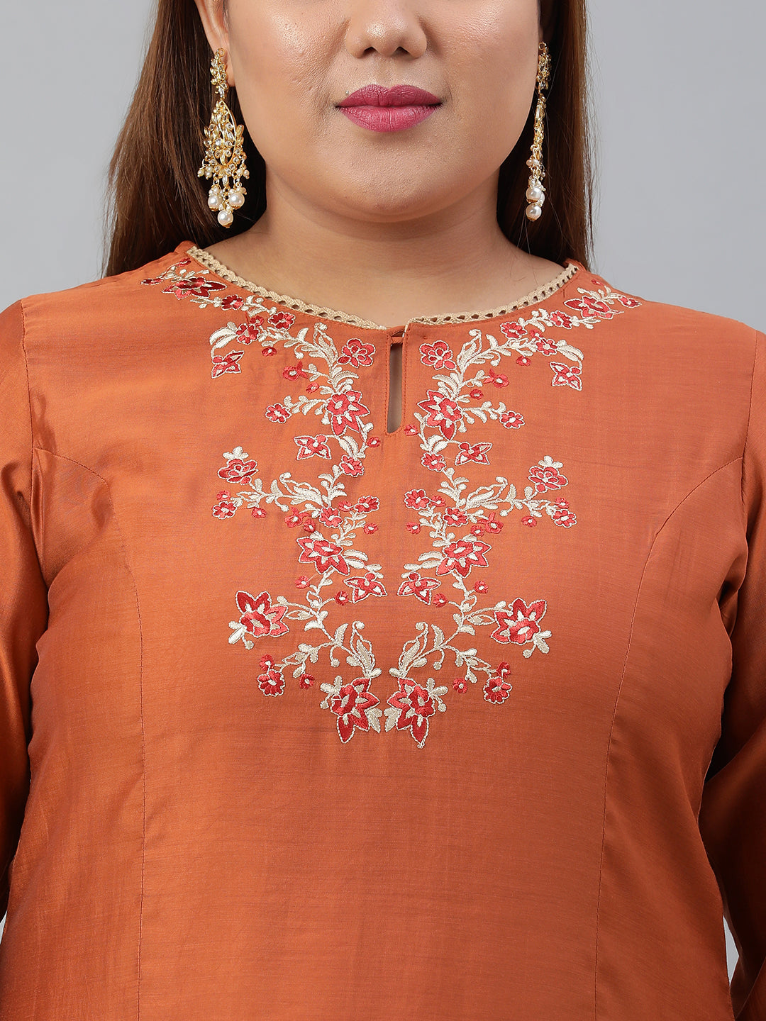 Janasya XL LOVE by Janasya Women's Plus Size Rust Orange Poly Silk Kurta With Pant | Swadesiicart