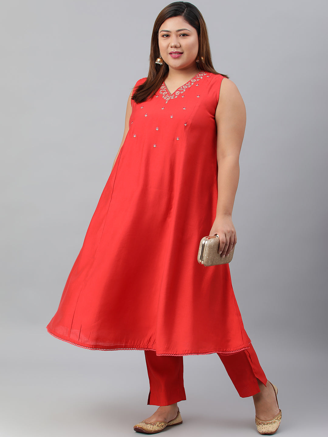 Janasya XL LOVE by Janasya Women's Plus Size Red Art Silk Kurta With Pant | Swadesiicart