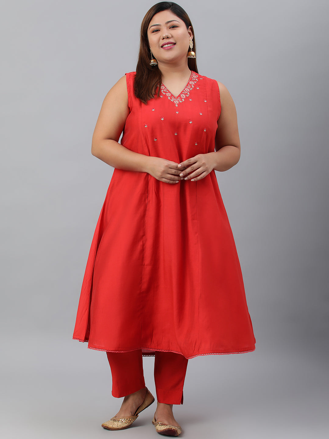 Janasya XL LOVE by Janasya Women's Plus Size Red Art Silk Kurta With Pant | Swadesiicart