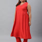 Janasya XL LOVE by Janasya Women's Plus Size Red Art Silk Kurta With Pant | Swadesiicart