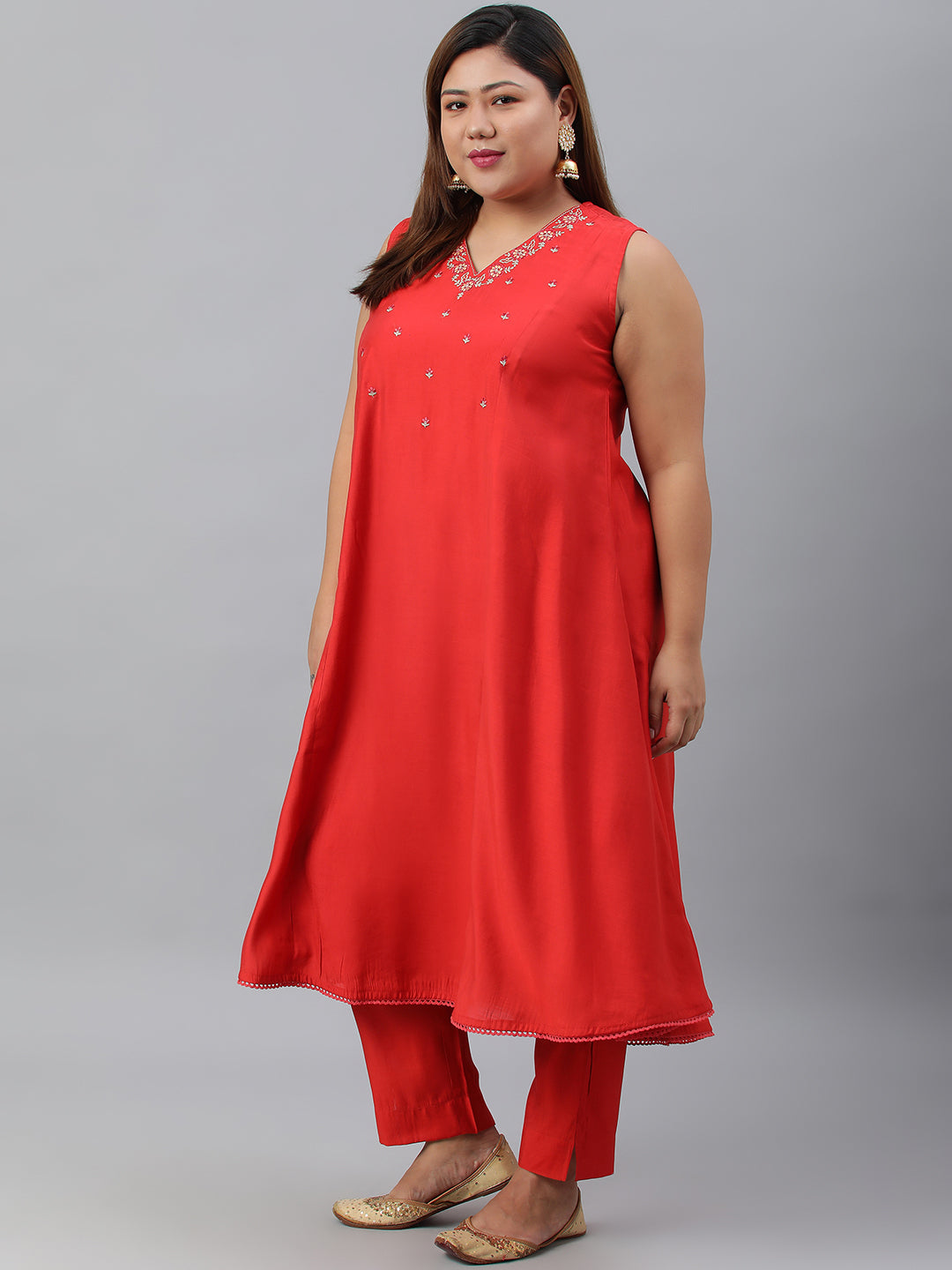 Janasya XL LOVE by Janasya Women's Plus Size Red Art Silk Kurta With Pant | Swadesiicart