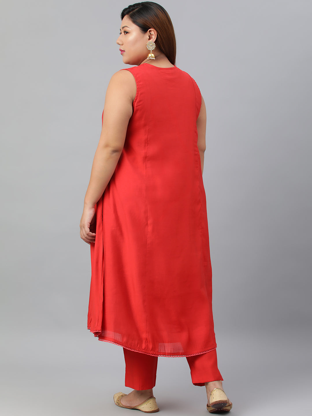 Janasya XL LOVE by Janasya Women's Plus Size Red Art Silk Kurta With Pant | Swadesiicart