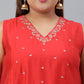Janasya XL LOVE by Janasya Women's Plus Size Red Art Silk Kurta With Pant | Swadesiicart