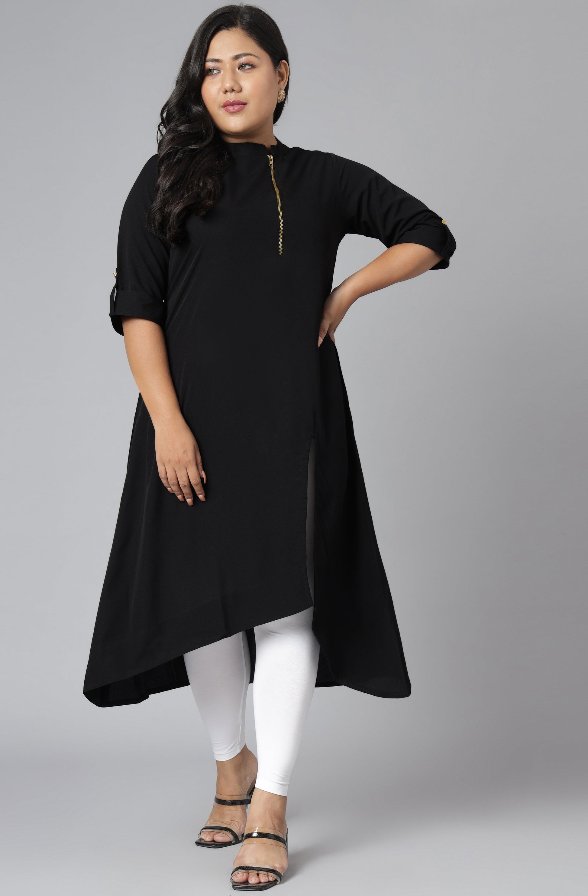 Janasya Women's Black Poly Crepe Solid Casual High Low Kurta | Swadesiicart