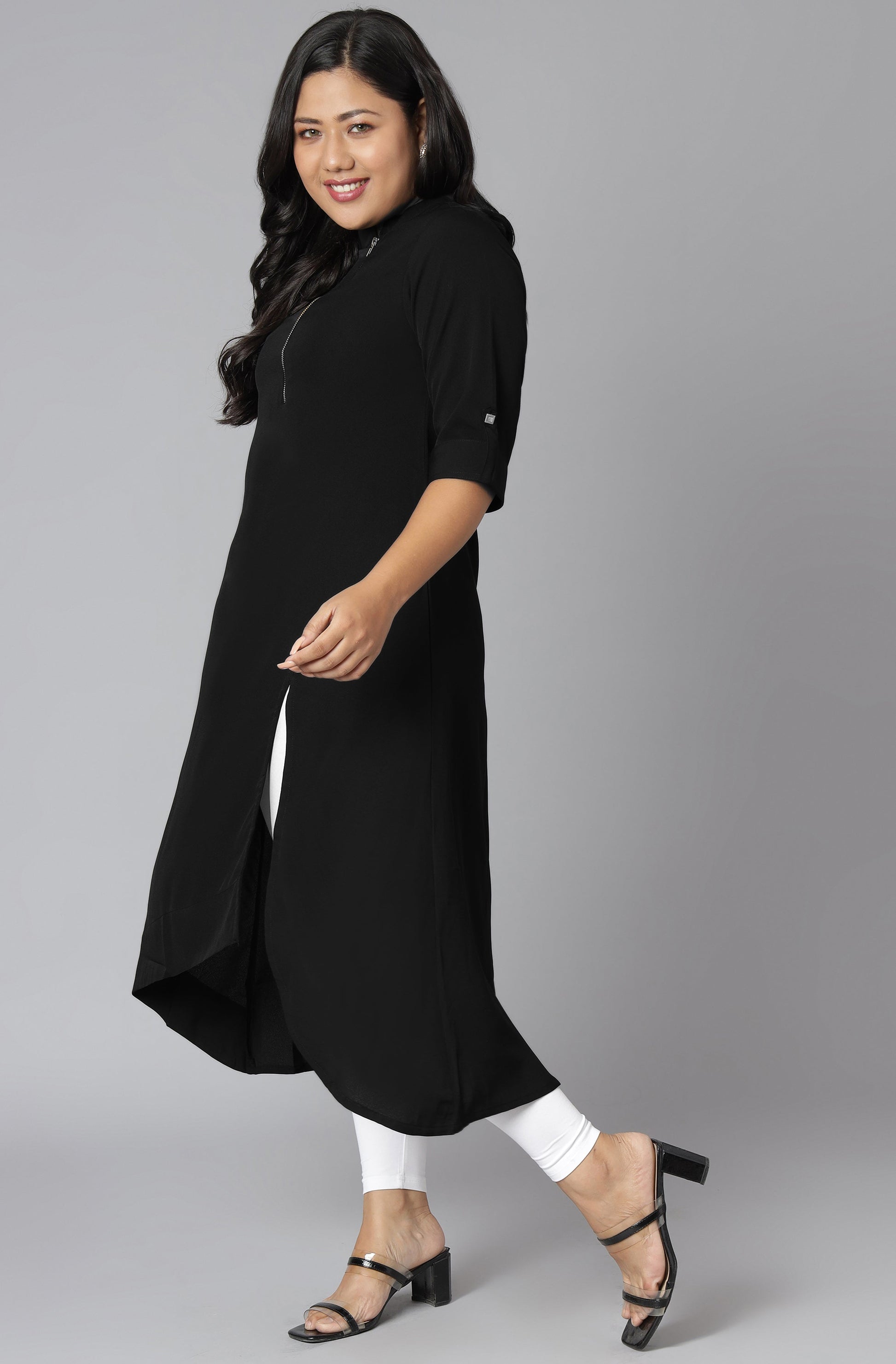 Janasya Women's Black Poly Crepe Solid Casual High Low Kurta | Swadesiicart