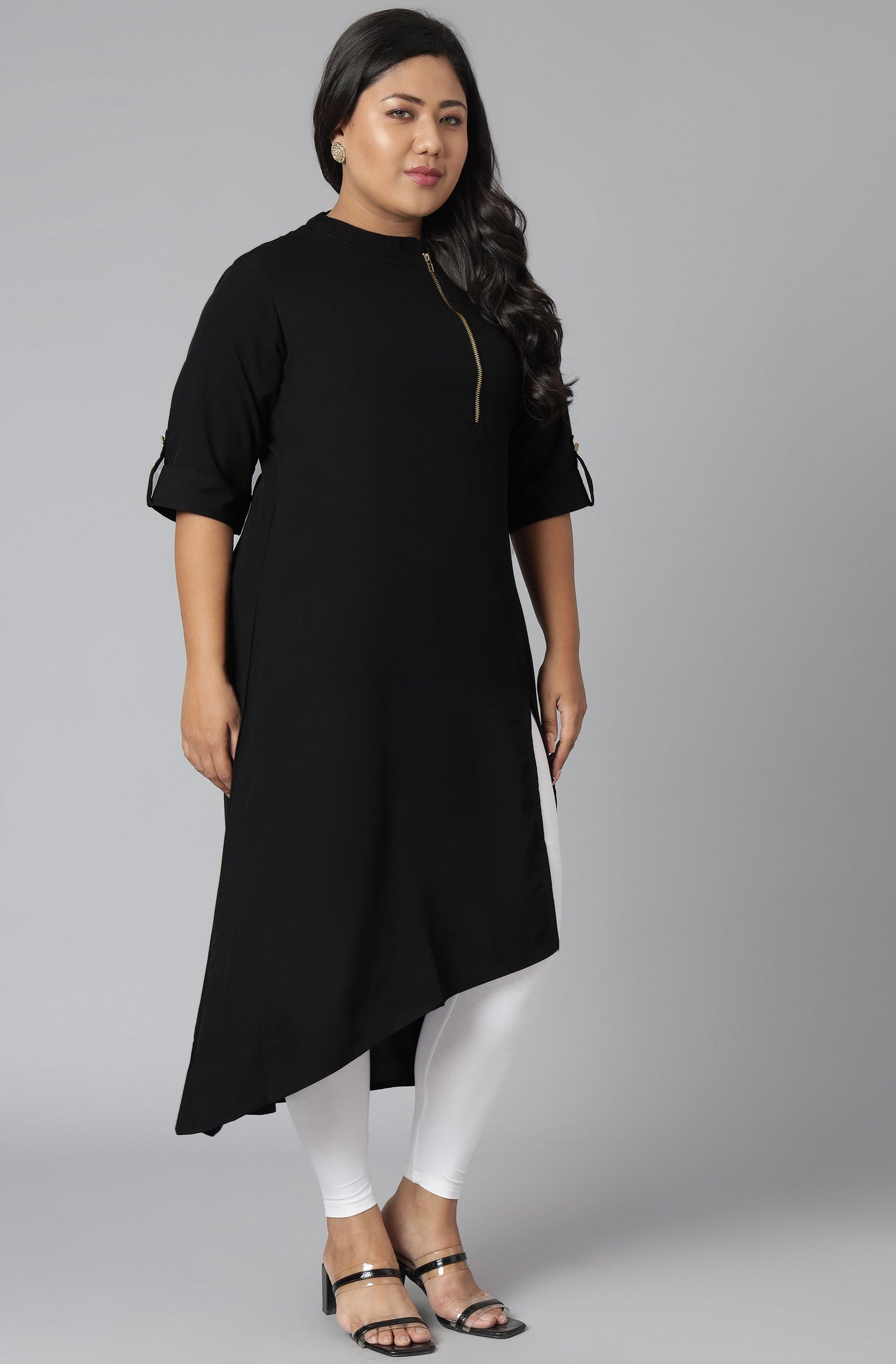 Janasya Women's Black Poly Crepe Solid Casual High Low Kurta | Swadesiicart