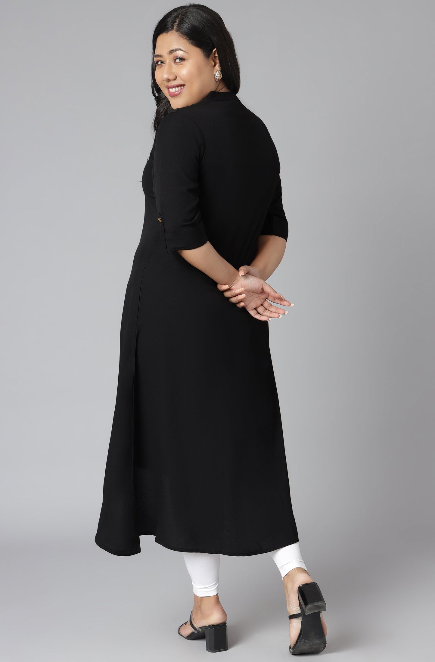 Janasya Women's Black Poly Crepe Solid Casual High Low Kurta | Swadesiicart