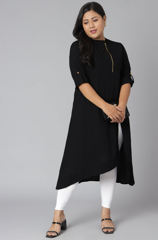 Janasya Women's Black Poly Crepe Solid Casual High Low Kurta | Swadesiicart
