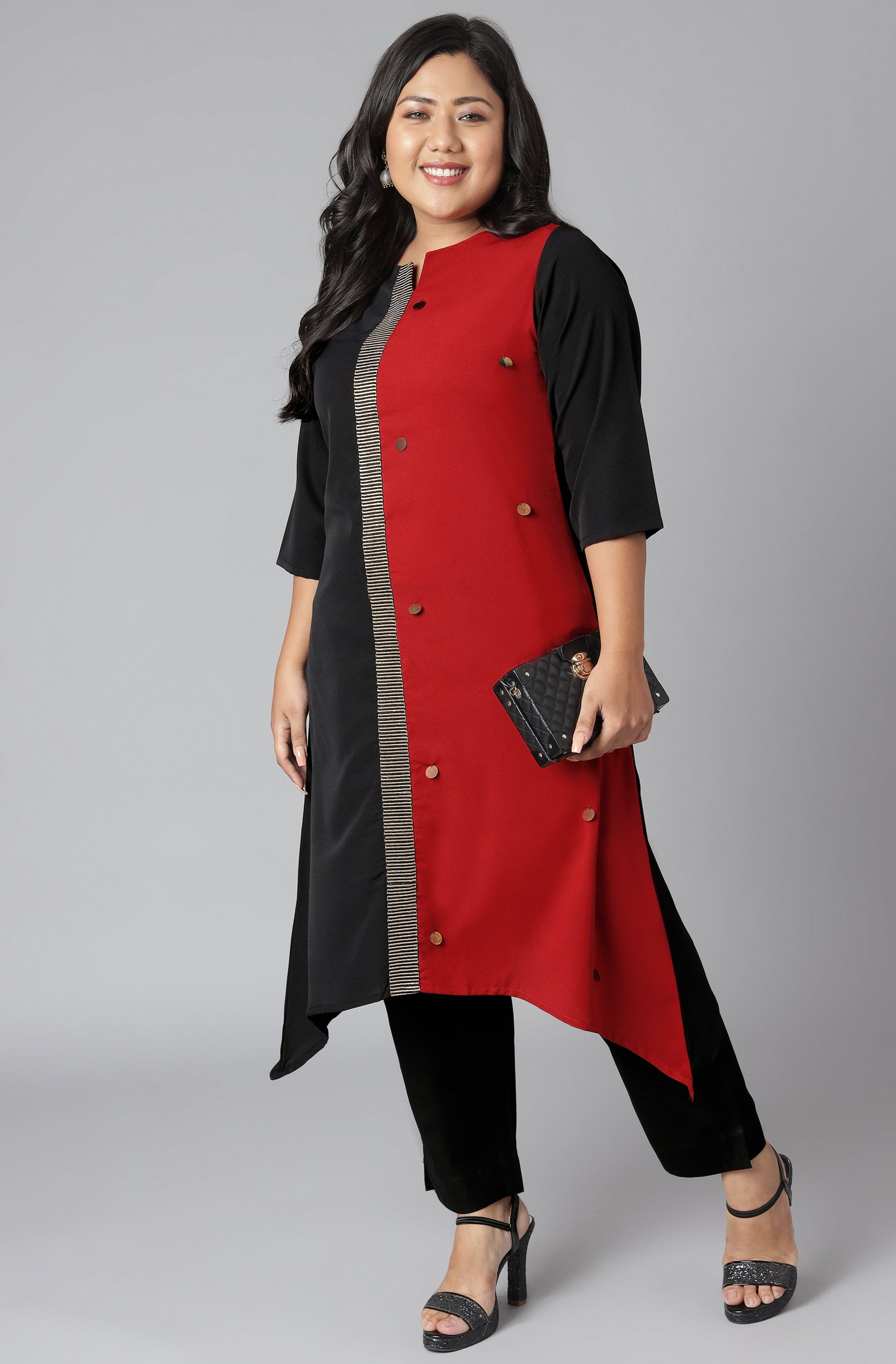 Janasya Women's Black Poly Crepe Colorblock Casual Asymmetric Kurta | Swadesiicart