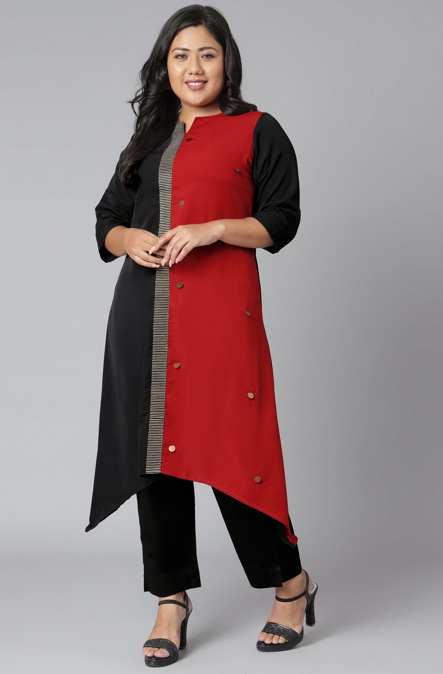 Janasya Women's Black Poly Crepe Colorblock Casual Asymmetric Kurta | Swadesiicart