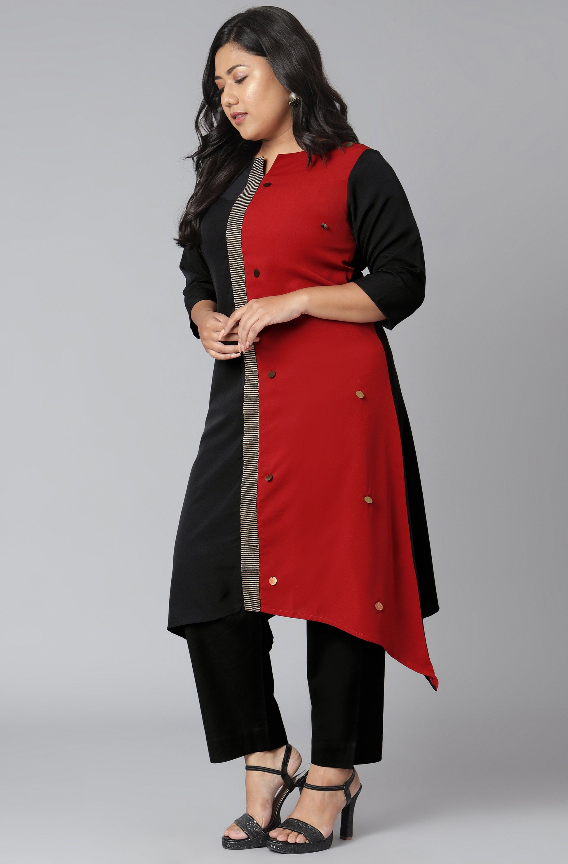 Janasya Women's Black Poly Crepe Colorblock Casual Asymmetric Kurta | Swadesiicart