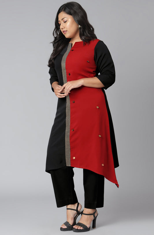 Janasya Women's Black Poly Crepe Colorblock Casual Asymmetric Kurta | Swadesiicart