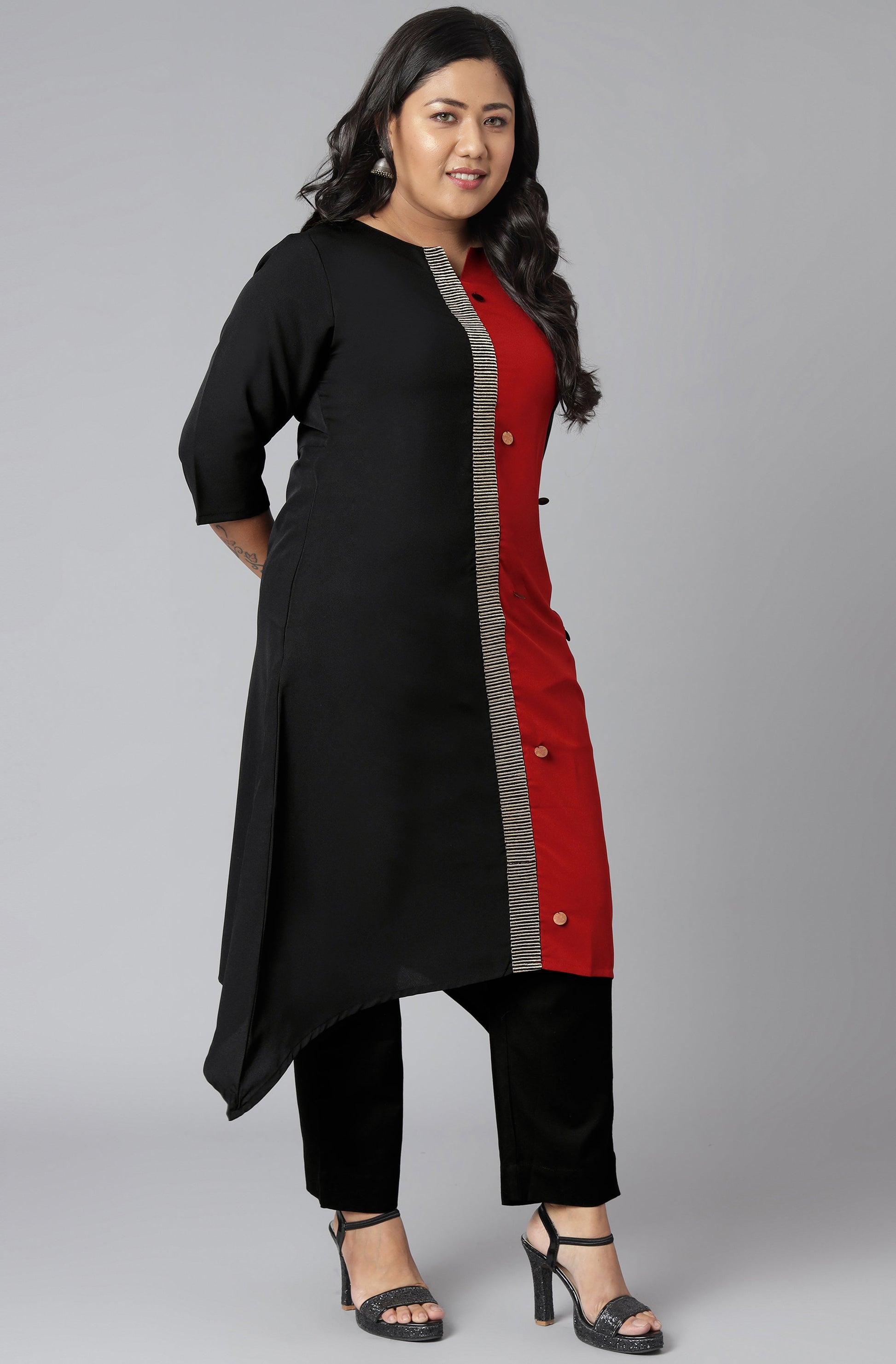 Janasya Women's Black Poly Crepe Colorblock Casual Asymmetric Kurta | Swadesiicart